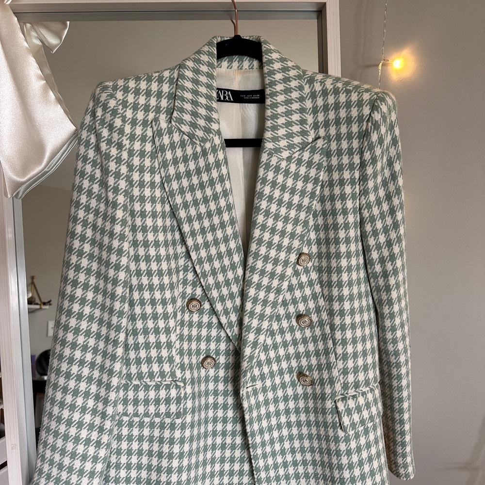 Zara Green and White Gingham Blazer